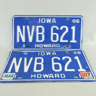 1986 86 Iowa License Plate Blue Matching Pair Howard County