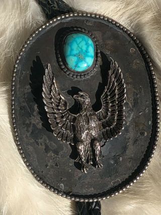 Vintage Navajo Xl Easter Blue Turquoise Sterling Silver Eagle Bolo