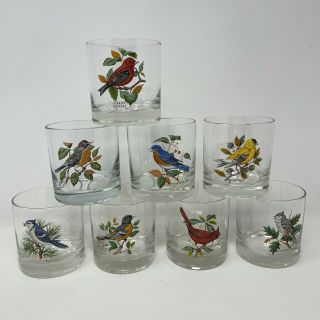 Set/8 Vintage West Virginia Glass Song Birds Double Old Fashion Cocktail Glasses