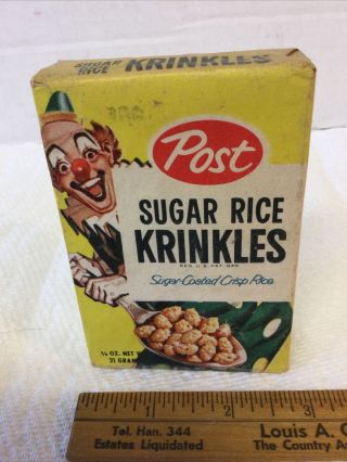 Vintage 1950’s Single Serving Post Cereal Box Sugar Rice Krinkles Clown
