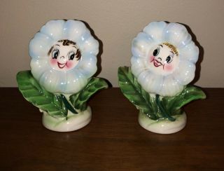 Py Japan Anthropomorphic Blue Flower Face Salt And & Pepper Shakers Vintage