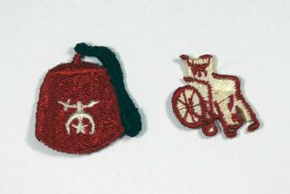 2 Vintage Shriners Embroidered Patches Fez Hat Wheelchair