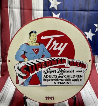 Vintage Superman Bread Porcelain Comic Book Gasoline Oil Sign 1941 White