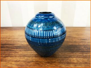Vintage Sean Flint Poole Studio Pottery Vase Blue Incised Bitossi Style Ceramic