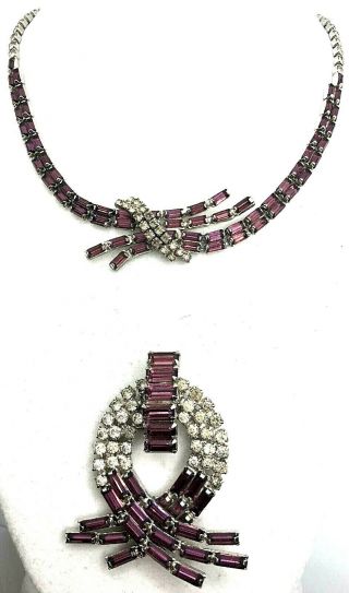 Vintage Signed Kramer Of York Clear & Purple Rhinestone Necklace & Pin Set