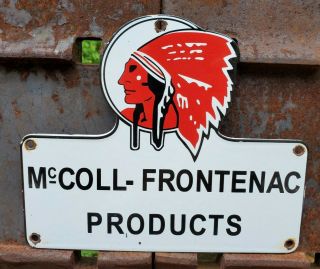 Vintage Red Indian Mccoll - Frontenac Products Gas And Oil Porcelain Sign