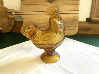 Rooster Hen On Nest Covered Chicken Dish Amber Glass 8.  5 Inches Candy Snack Dish