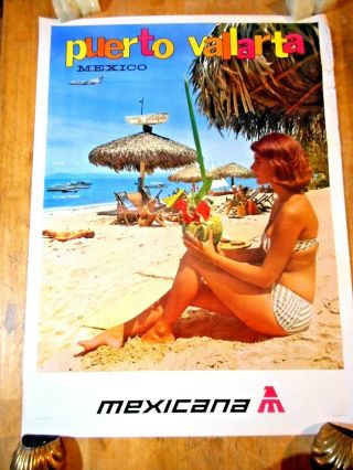 C 1960s Mexicana Air Puerto Vallarta Beach Bikini Bliss Travel Poster