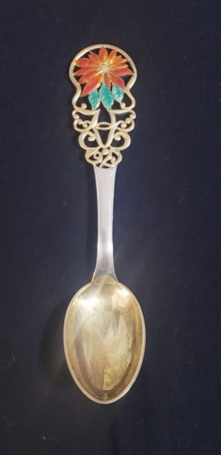 A.  Michelsen Danish Sterling Silver Enamel Poinsettia Christmas Spoon 1925