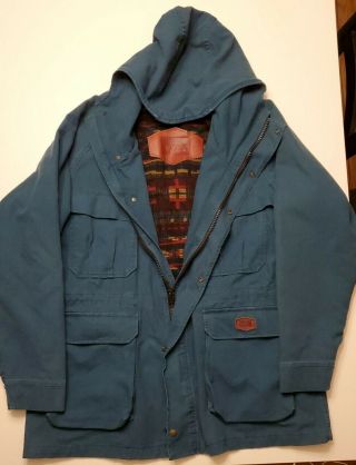 Vtg Woolrich Mens Barn Coat Field Jacket Xl Hood Aztec Lining Blue Made In Usa