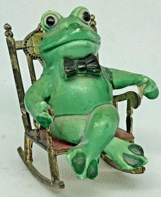 Vintage Metal & Ceramic Frog In A Rocking Chair Figurine Hong Kong