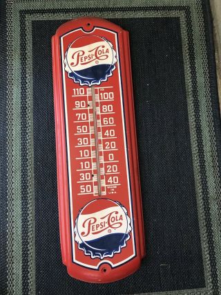 Vintage Pepsi Cola Bottle Cap Metal Thermometer Soda Advertising Sign