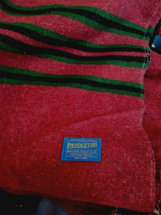 Vtg Pendleton Wool Throw/blanket 64 X 82 " Burgundy W/ Green & Black Stripes