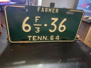 1964 Tennessee Farmer License Plate Tag