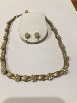 Vintage Trifari Gold Tone Necklace With Faux Pearl Clusters Matching Earrings.