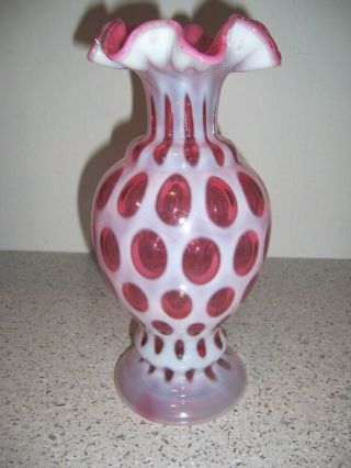 Vintage Fenton Polka Dot Cranberry Opalescent Glass Ruffled Vase 10 1/4 "