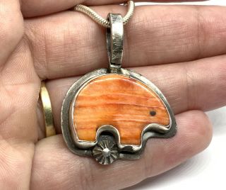 Vintage Native Navajo Sterling Silver Orange Spiny Oyster Bear Pendant Necklace