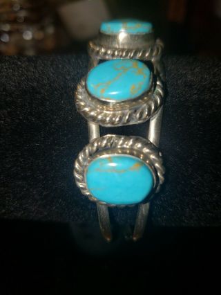 Vintage Sterling Silver Turquoise Cuff Bracelet 3 Stone Old Pawn Native