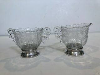 Vintage Cambridge Chantilly Etched Glass & Sterling Silver Creamer & Sugar Bowl