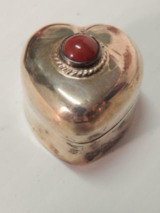 Antique Vintage Taxco Red Stone Mexican Sterling Silver Pill Box - Heart Form