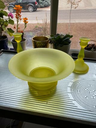 Vtg Artdeco Tiffin Yellow Vaseline Frosted Satin Glass Bowl/stand/2 Candle Stick