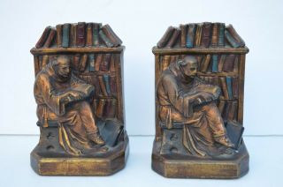 Great Vintage Bronze Clad Monk In Library Reading Book Ends