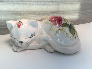 Vintage Ceramic Floral Sleeping Cat Hand Painted Flowers Kitten Kitty Home Decor