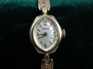 Vintage Benrus Ladies Wrist Watch 14k Yellow Gold Case Mechanical Speidel Band