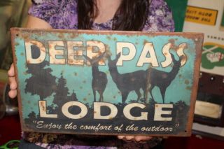 Vintage Deer Pass Lodge Hunting Fishing Gas Oil 13 " Metal Sign