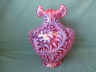Vintage Fenton Cranberry Opalescent Daisy And Fern Very Large Vase Signed