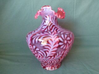 Vintage Fenton Cranberry Opalescent Daisy and Fern Very Large Vase Signed 2