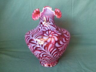 Vintage Fenton Cranberry Opalescent Daisy and Fern Very Large Vase Signed 3