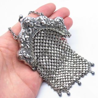 Unger Brothers Antique Victorian 925 Sterling Silver Repousse Mesh Purse W/ Ring