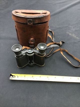 Vintage Ww1 Usa Small Field Glass Binoculars With Black Leather Strap In Case.