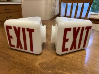 Vintage Glass Exit Signs Two Sided White Glass Red Letters Wall Mount