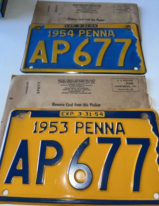 2 Vintage 1953 & 1954 Pennsylvania License Plate Tag Keystone W/ Envelopes