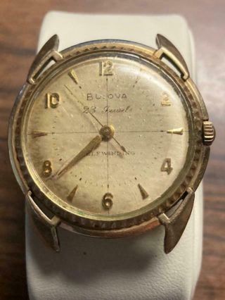 Vintage Bulova 23j Wristwatch Unusual Coin Edge Case Crosshair Textured Dial L7