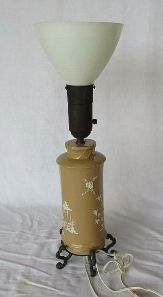 Vintage Asian China Japanese Table Lamp 24  Tall With White Glass Shade