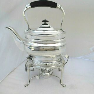 Antique Good Quality Silver Plate Spirit Kettle With Stand & Burner - Gleaming