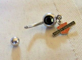Harley Davidson Body Jewelry Belly Button Naval Ring Black Stone Dangle Logo Vtg