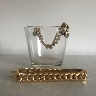Vintage Mid Century 1970s Glam Glass & Brass Gold Chain Ice Bucket & Tongs Usa
