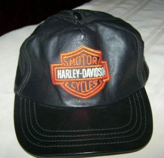 Vtg Harley - Davidson Mens Leather Ball Hat Black Adjustable Bar & Shield Cap