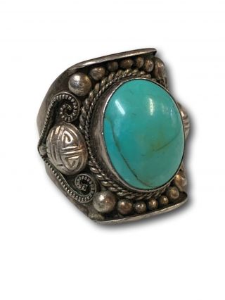 Vintage Chinese Export Ring Turquoise Sterling Silver Ornate Adjustable Size 11