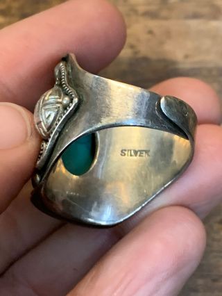 Vintage Chinese Export Ring Turquoise Sterling Silver Ornate Adjustable Size 11 3