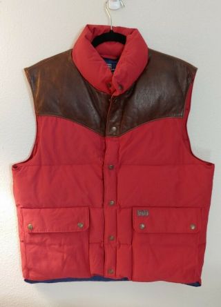 Vintage Polo Ralph Lauren Goose Down Puffer Vest Red Brown Leather Yoke Mens L