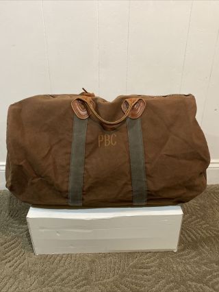 Vintage Ll Bean Duffle Bag Brown Canvas And Leather Bottom About 24x12x12