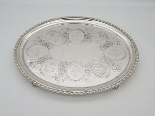 Antique Silver Plated Large Oval Tray On Four Feet
