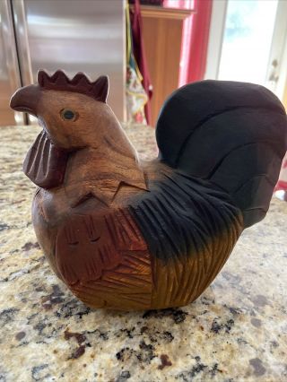 Vintage Solid Wood Hand Carved Folk Art Rooster Made In Thailand
