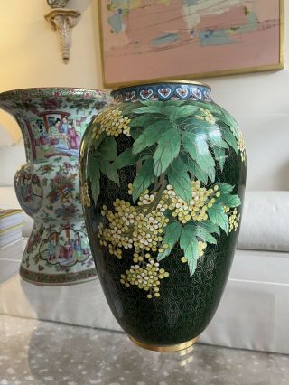 Vintage Jingfa Japanese Cloisonné Vase,  Emerald Green,  Yellow Flowers,  Chinoiserie