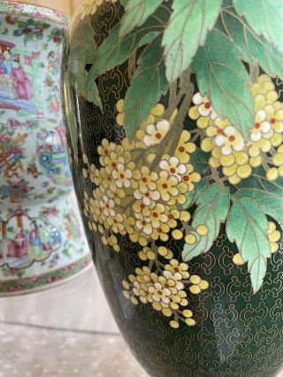 Vintage Jingfa Japanese Cloisonné Vase,  Emerald Green,  Yellow Flowers,  Chinoiserie 3